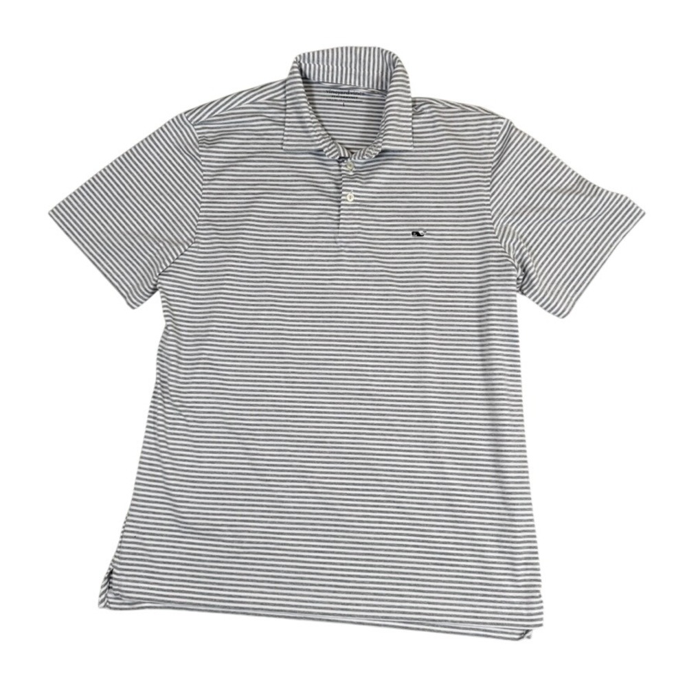 Vineyard Vines Performance Polo Shirt Mens Large Gray White Striped Short Sleeve